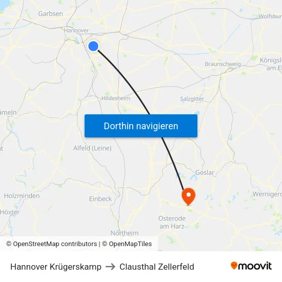 Hannover Krügerskamp to Clausthal Zellerfeld map