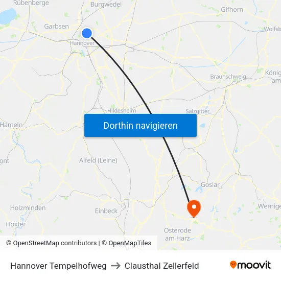 Hannover Tempelhofweg to Clausthal Zellerfeld map