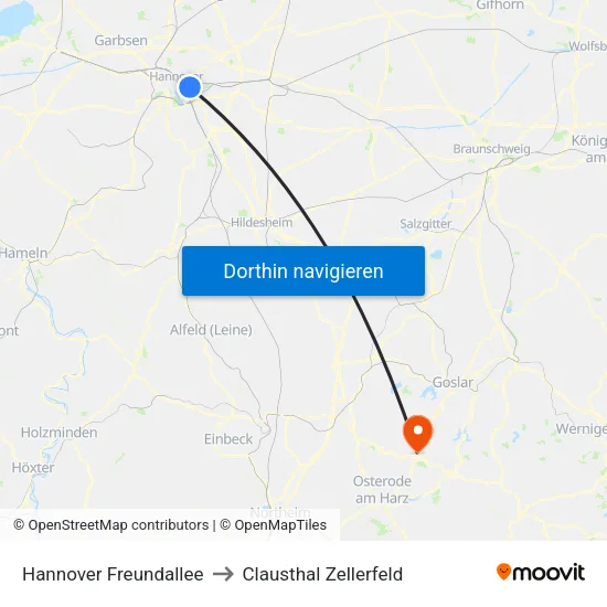Hannover Freundallee to Clausthal Zellerfeld map