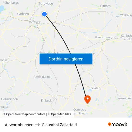 Altwarmbüchen to Clausthal Zellerfeld map