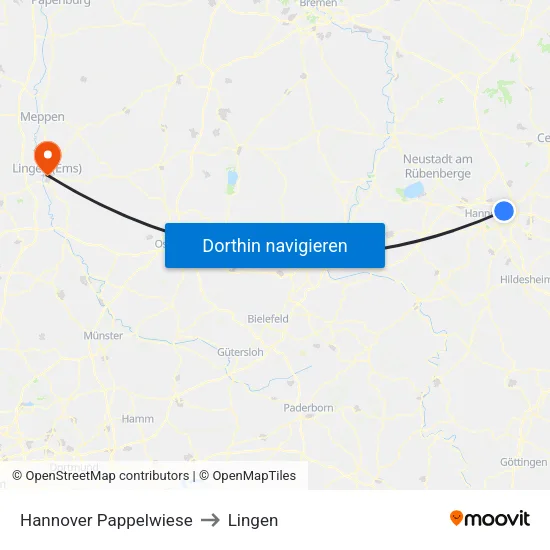 Hannover Pappelwiese to Lingen map