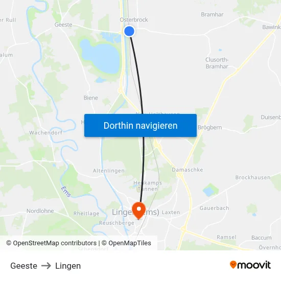 Geeste to Lingen map