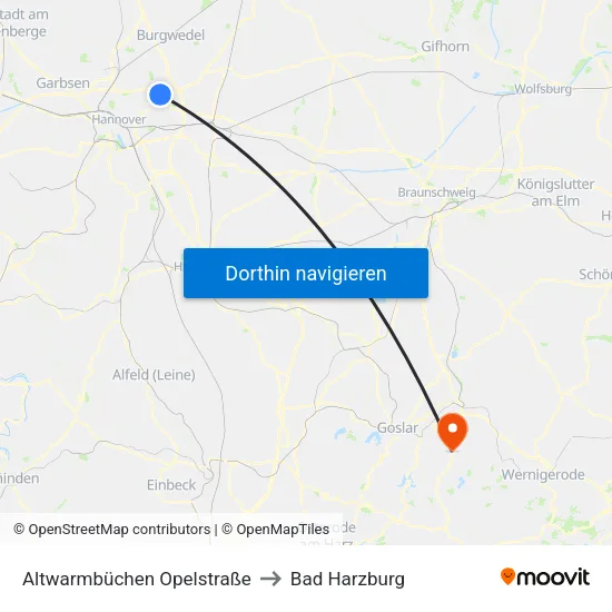 Altwarmbüchen Opelstraße to Bad Harzburg map