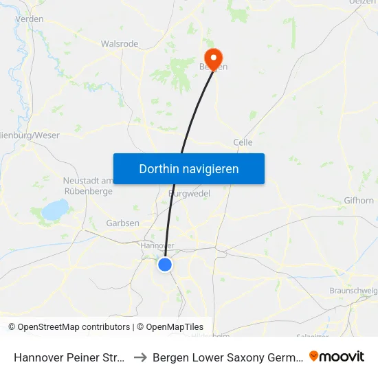 Hannover Peiner Straße to Bergen Lower Saxony Germany map