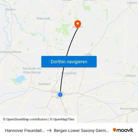 Hannover Freundallee to Bergen Lower Saxony Germany map
