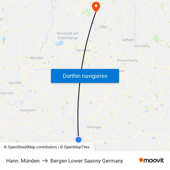 Hann. Münden to Bergen Lower Saxony Germany map