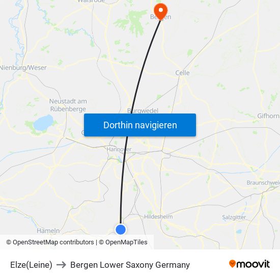 Elze(Leine) to Bergen Lower Saxony Germany map