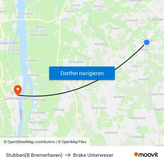 Stubben(B Bremerhaven) to Brake Unterweser map