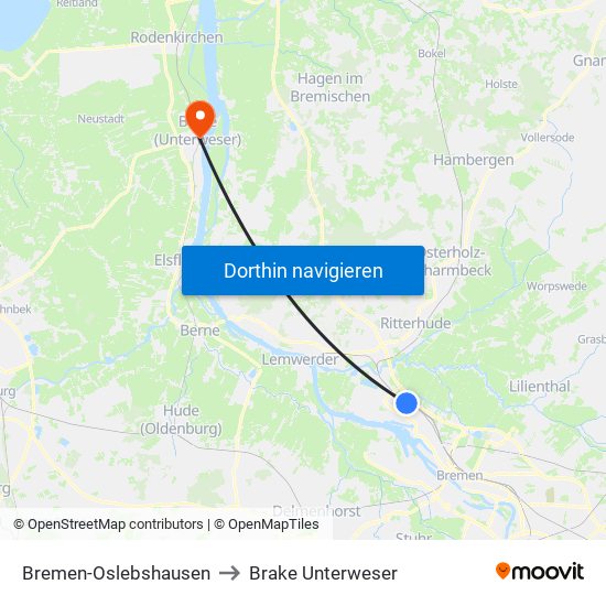 Bremen-Oslebshausen to Brake Unterweser map