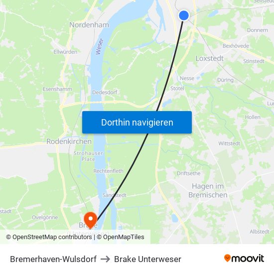 Bremerhaven-Wulsdorf to Brake Unterweser map