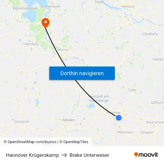 Hannover Krügerskamp to Brake Unterweser map
