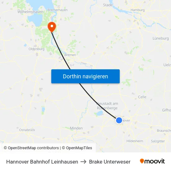 Hannover Bahnhof Leinhausen to Brake Unterweser map