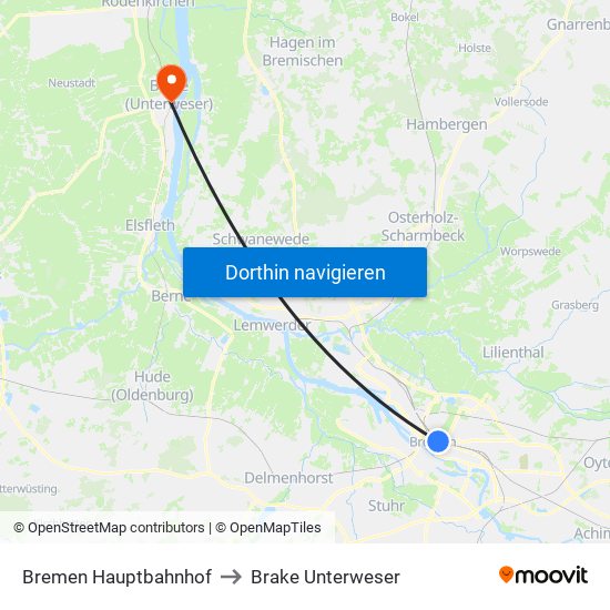 Bremen Hauptbahnhof to Brake Unterweser map