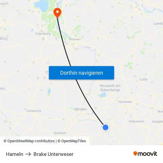 Hameln to Brake Unterweser map