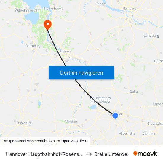 Hannover Hauptbahnhof/Rosenstraße to Brake Unterweser map