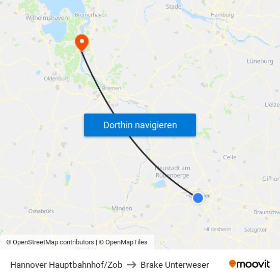 Hannover Hauptbahnhof/Zob to Brake Unterweser map
