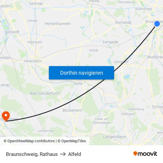 Braunschweig, Rathaus to Alfeld map