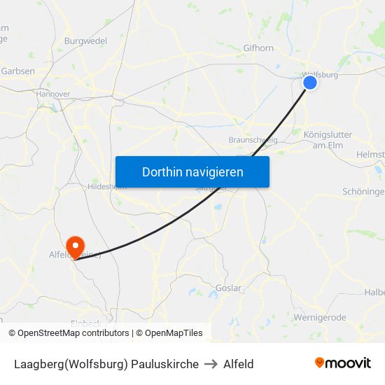 Laagberg(Wolfsburg) Pauluskirche to Alfeld map