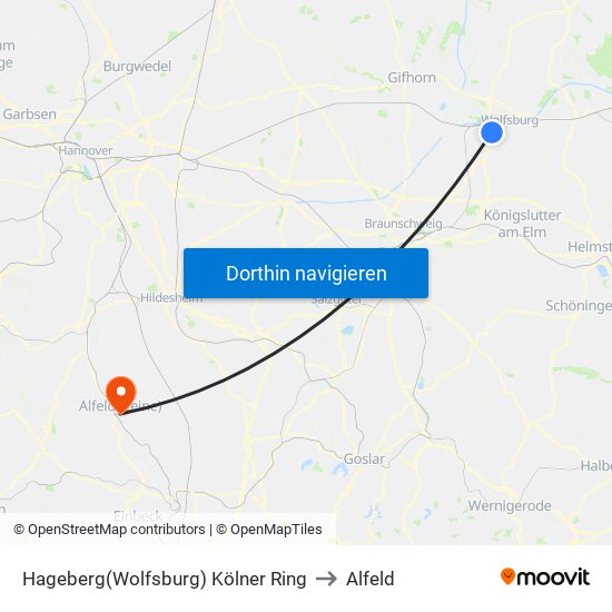 Hageberg(Wolfsburg) Kölner Ring to Alfeld map