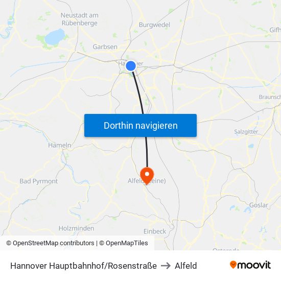 Hannover Hauptbahnhof/Rosenstraße to Alfeld map