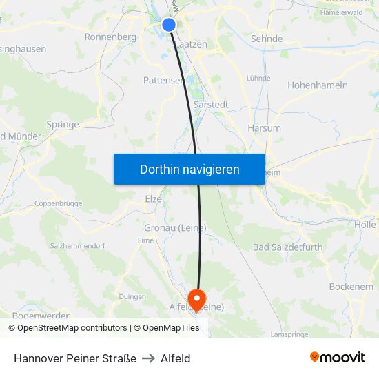 Hannover Peiner Straße to Alfeld map