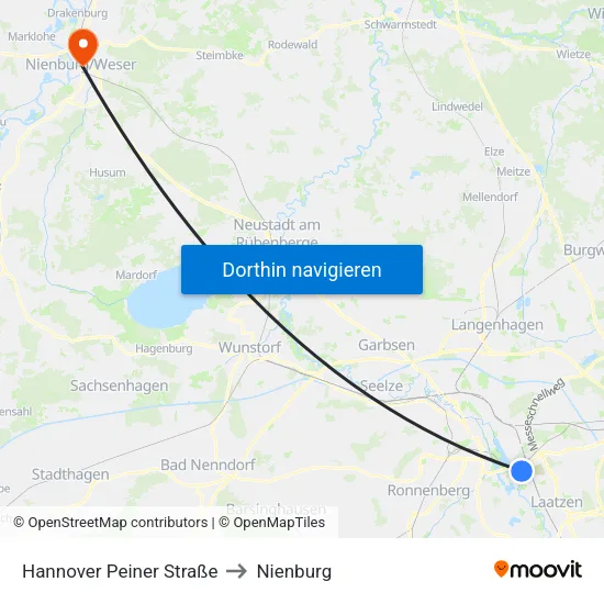 Hannover Peiner Straße to Nienburg map