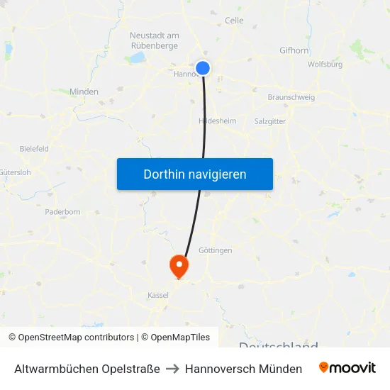 Altwarmbüchen Opelstraße to Hannoversch Münden map
