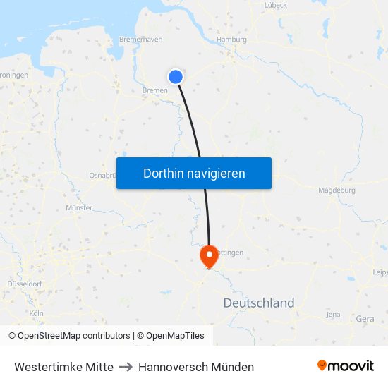 Westertimke Mitte to Hannoversch Münden map