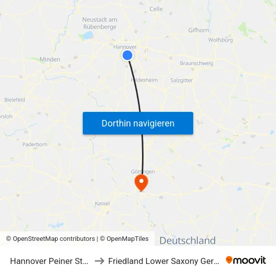 Hannover Peiner Straße to Friedland Lower Saxony Germany map