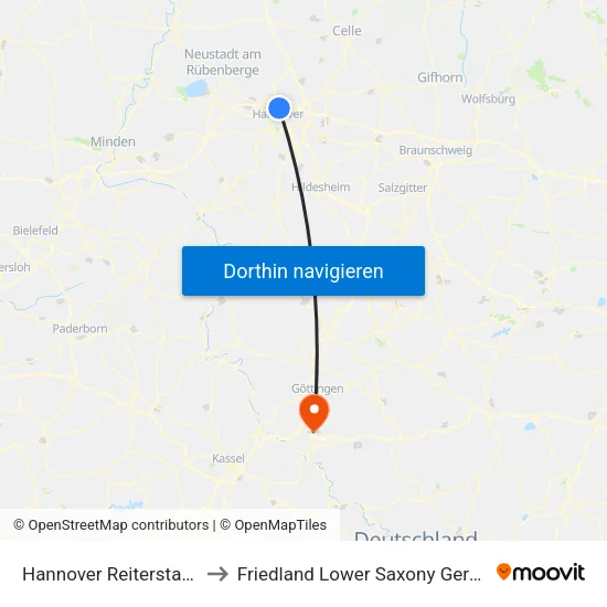 Hannover Reiterstadion to Friedland Lower Saxony Germany map
