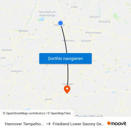 Hannover Tempelhofweg to Friedland Lower Saxony Germany map