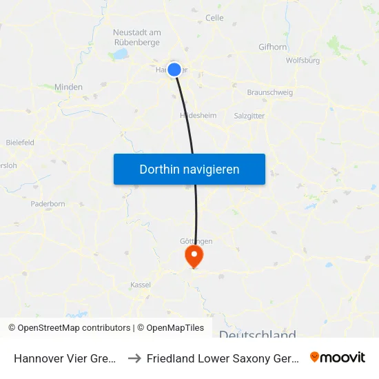 Hannover Vier Grenzen to Friedland Lower Saxony Germany map