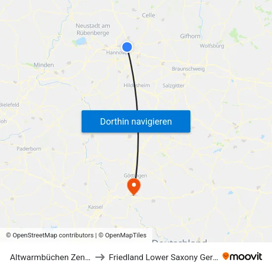 Altwarmbüchen Zentrum to Friedland Lower Saxony Germany map