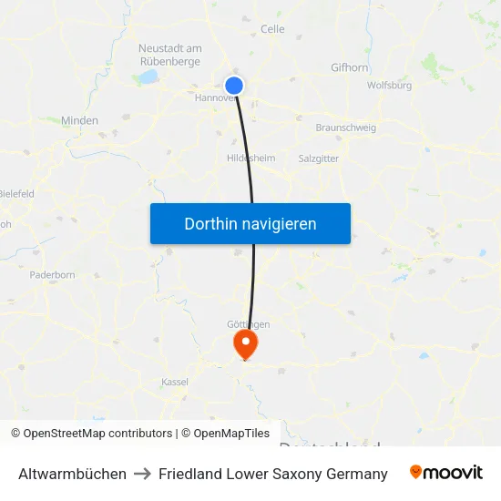 Altwarmbüchen to Friedland Lower Saxony Germany map