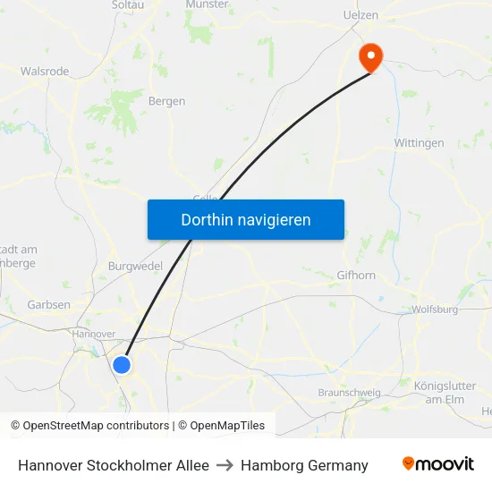 Hannover Stockholmer Allee to Hamborg Germany map