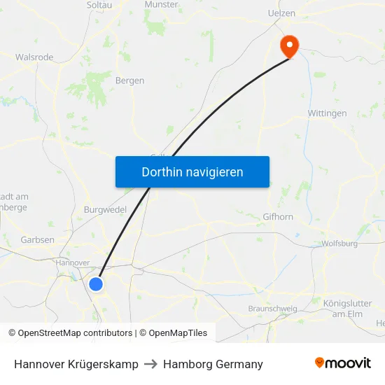 Hannover Krügerskamp to Hamborg Germany map