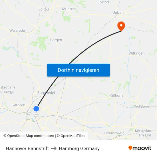 Hannover Bahnstrift to Hamborg Germany map