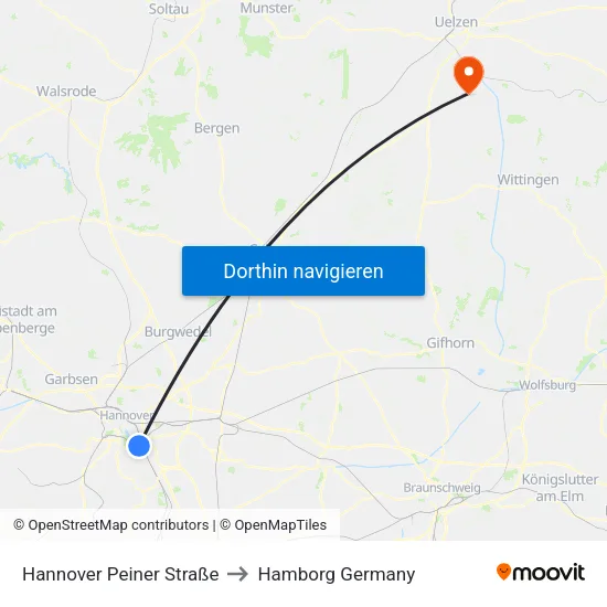 Hannover Peiner Straße to Hamborg Germany map