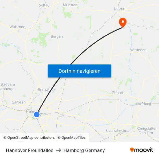 Hannover Freundallee to Hamborg Germany map