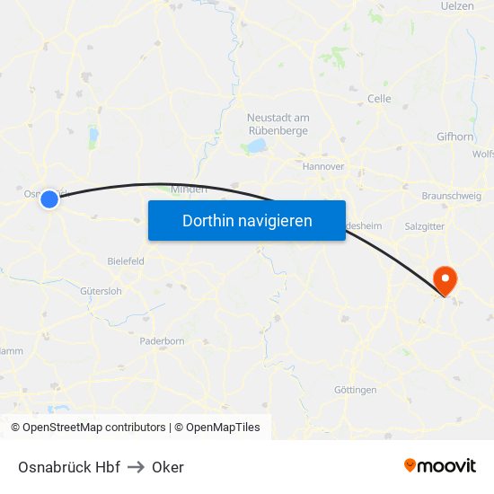 Osnabrück Hbf to Oker map