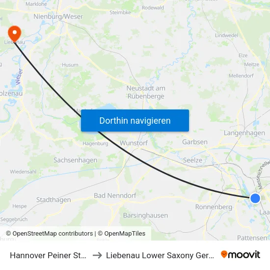 Hannover Peiner Straße to Liebenau Lower Saxony Germany map