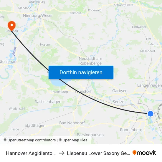 Hannover Aegidientorplatz to Liebenau Lower Saxony Germany map