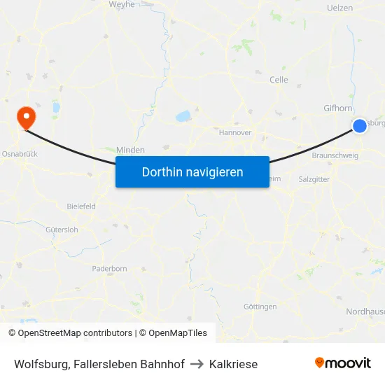 Wolfsburg, Fallersleben Bahnhof to Kalkriese map