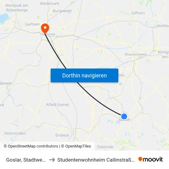 Goslar, Stadtwerke to Studentenwohnheim Callinstraße 25 map