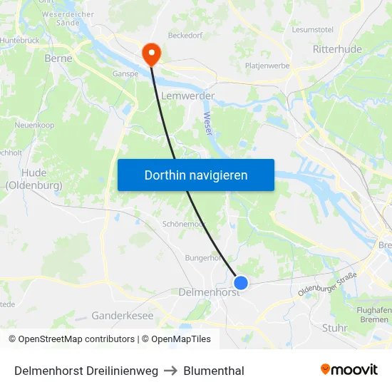 Delmenhorst Dreilinienweg to Blumenthal map