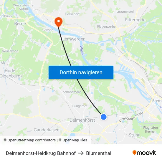 Delmenhorst-Heidkrug Bahnhof to Blumenthal map