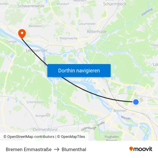Bremen Emmastraße to Blumenthal map
