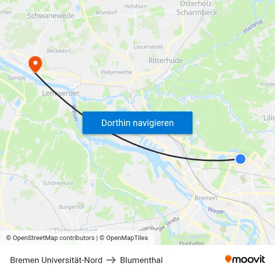 Bremen Universität-Nord to Blumenthal map