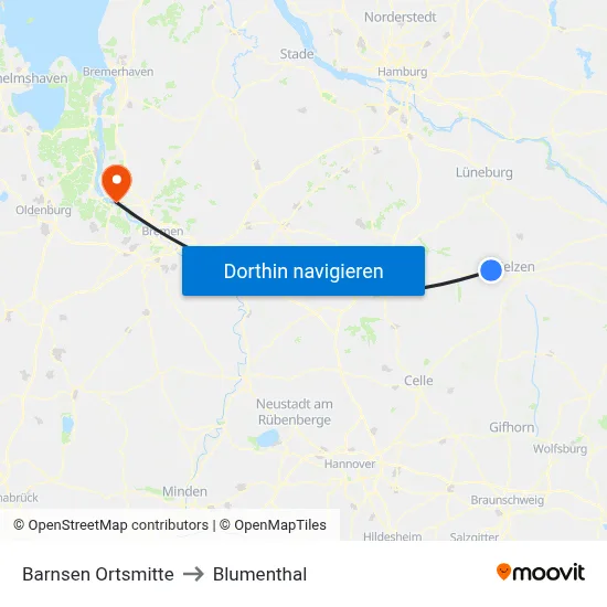 Barnsen Ortsmitte to Blumenthal map