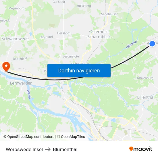 Worpswede Insel to Blumenthal map